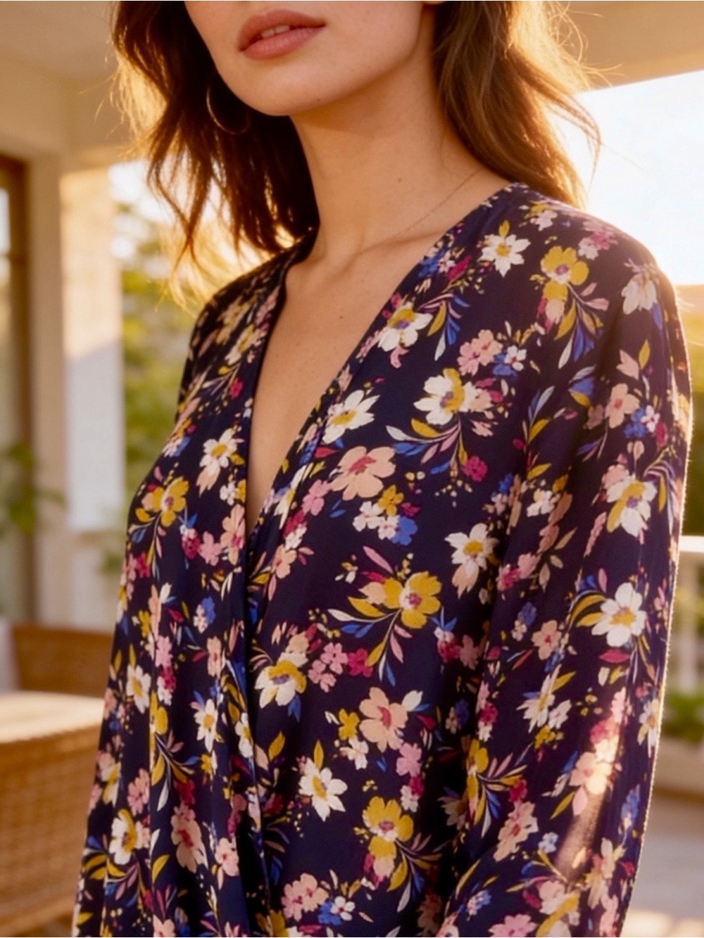 Lush Faux Wrap Navy Floral Blouse